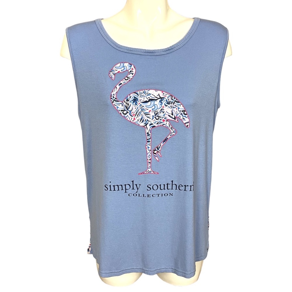 Simply Southern Blue Flamingo and Palm Leaf Design Knit Tank Top Large